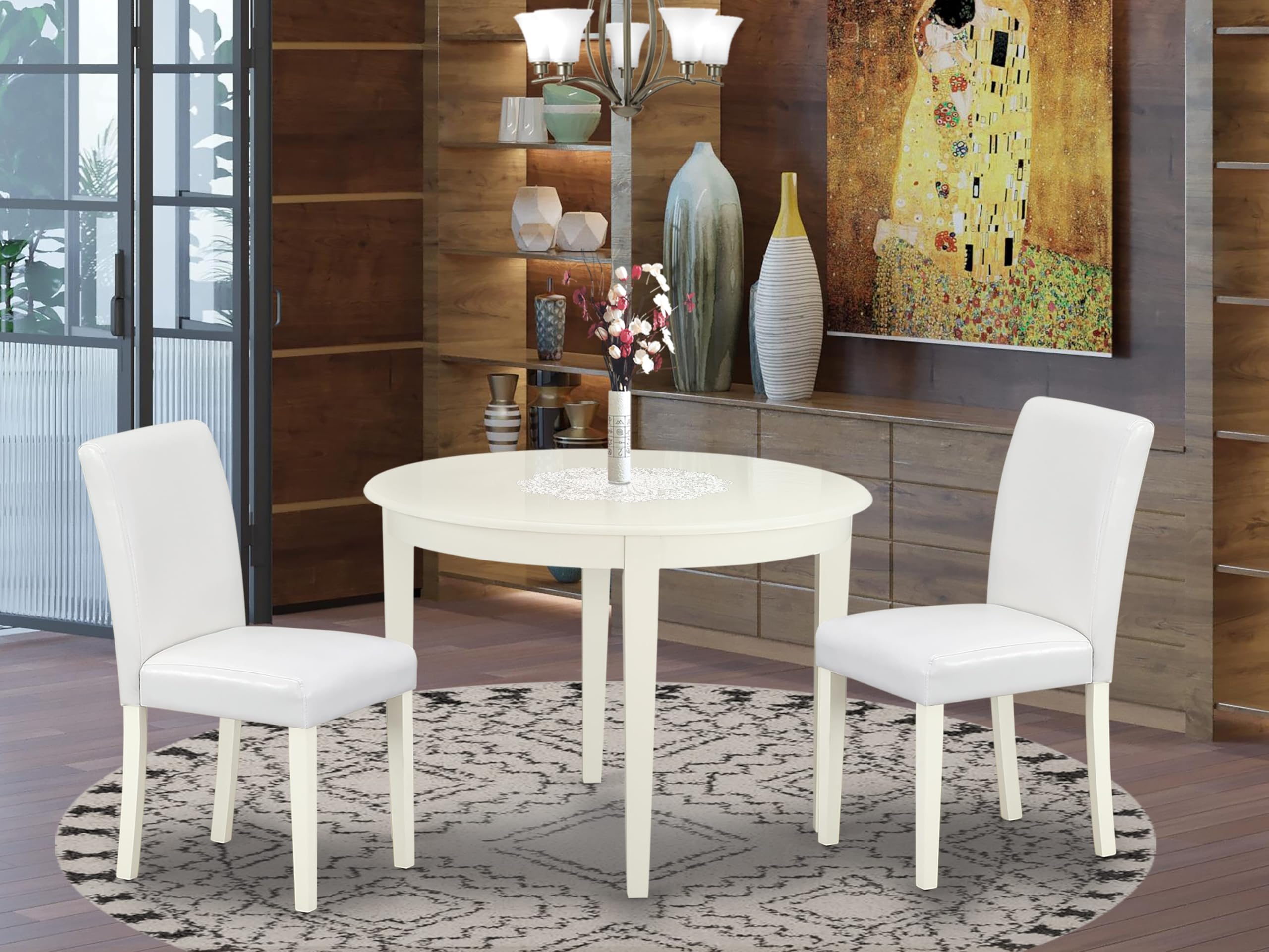 East West Furniture Boab3-Lwh-64 3 Piece Dining Set Contains A Round Kitchen Table And 2 White Faux Leather Parson Dining Room Chairs, 42X42 Inch, Linen White